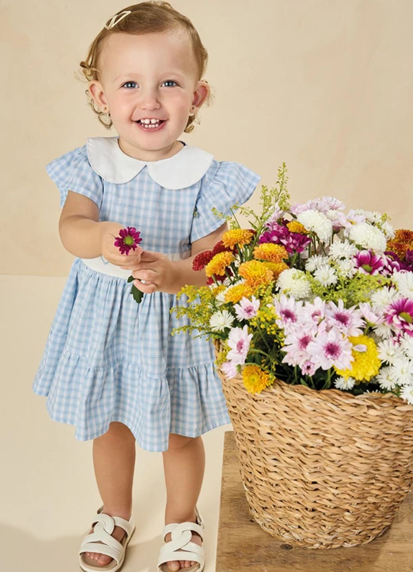 Milli e Nina - Vestido em Tricoline Vichy Azul 2