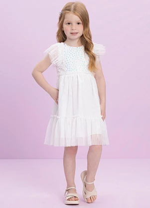 Milli e Nina - Vestido em Tule e Tule Paetê Trabalhado Branco - MILLI E NINA