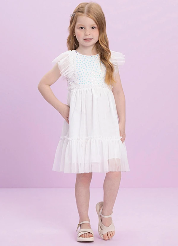 Milli e Nina - Vestido em Tule e Tule Paetê Trabalhado Branco
