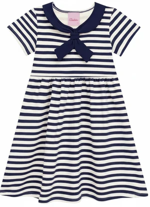 Duduka - Vestido Estampa Rotativa Listrada com Pala Azul  - DUDUKA