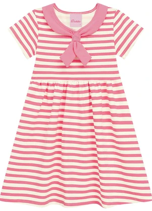 Duduka - Vestido Estampa Rotativa Listrada com Pala Rosa - DUDUKA