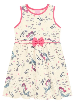 Duduka - Vestido Estampa Sereia com Laço sem Mangas Bege - DUDUKA