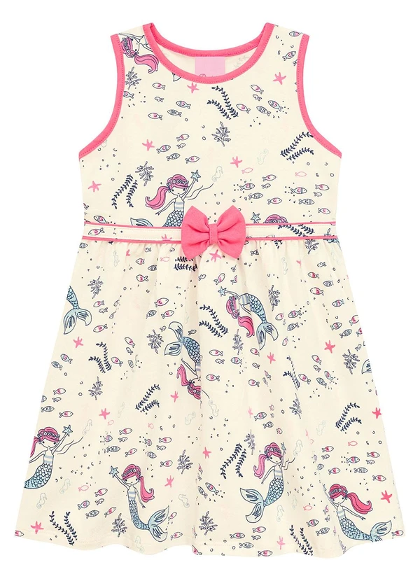 Duduka - Vestido Estampa Sereia com Laço sem Mangas Bege