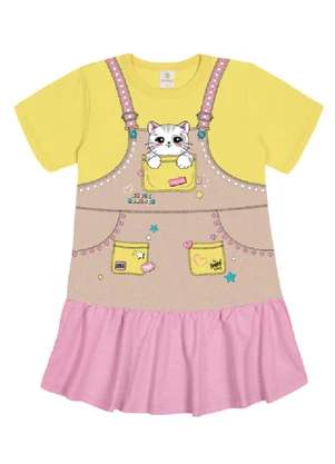 Abrange - Vestido Estampado Amarelo e Rosa - ABRANGE