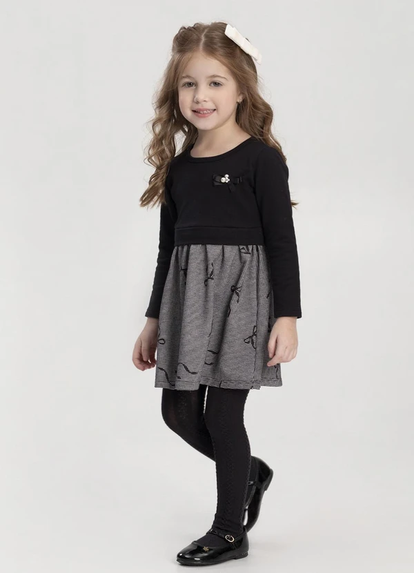 Alakazoo - Vestido Estampado com Enfeite  Preto