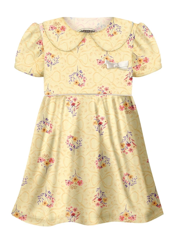 Alakazoo - Vestido Estampado com Gola Boneca e Amarelo