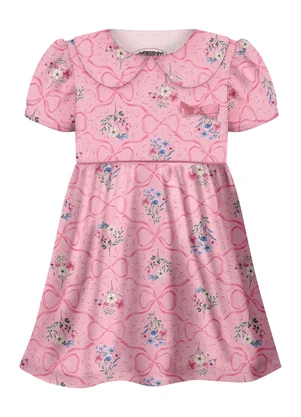 Alakazoo - Vestido Estampado com Gola Boneca e Rosa - ALAKAZOO