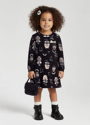 Alakazoo - Vestido Estampado com Mangas Longas Preto - ALAKAZOO