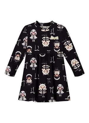 Alakazoo - Vestido Estampado com Mangas Longas Preto - ALAKAZOO