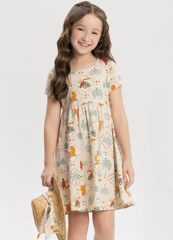 Alakazoo - Vestido Estampado de Mangas Curtas Bege