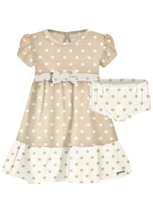 Alakazoo - Vestido Estampado de Mangas Curtas com Laço Bege - ALAKAZOO