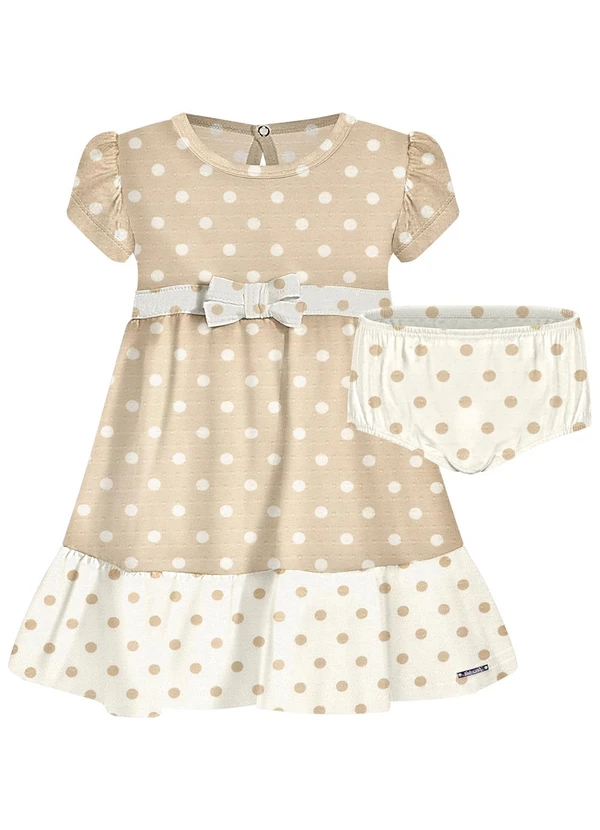 Alakazoo - Vestido Estampado de Mangas Curtas com Laço Bege