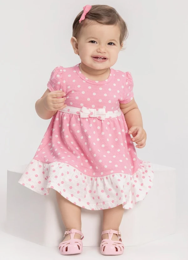 Alakazoo - Vestido Estampado de Mangas Curtas com Laço Rosa