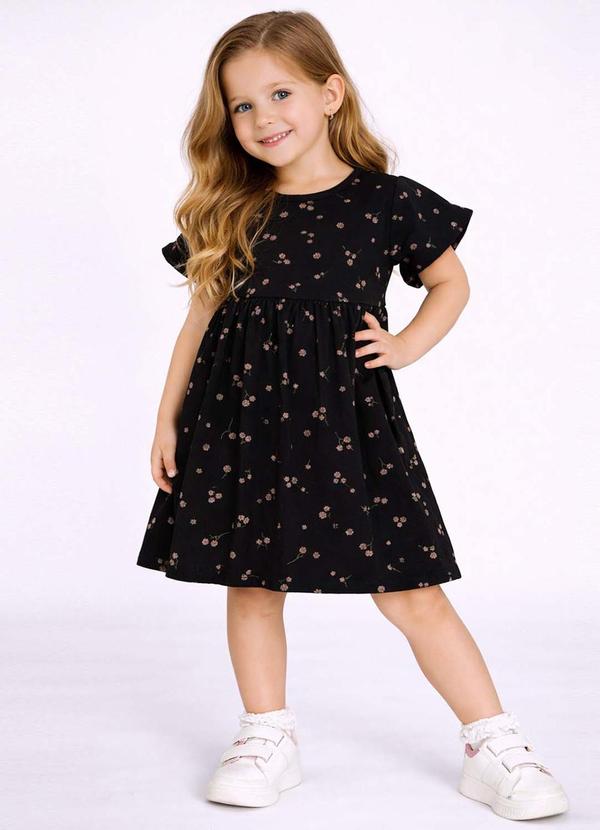 Select - Vestido Estampado e com Manga Gode Preto