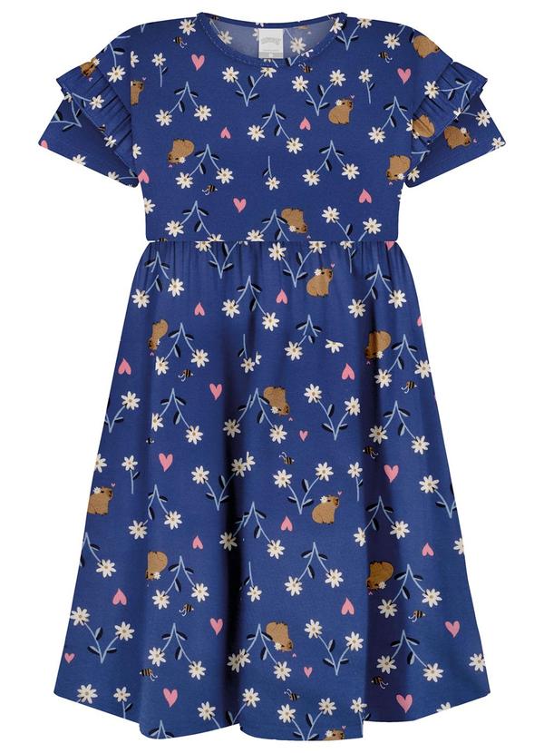 Alakazoo - Vestido Estampado em Meia Malha Penteada Azul