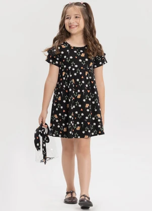 Alakazoo - Vestido Estampado em Meia Malha Penteada Preto - ALAKAZOO