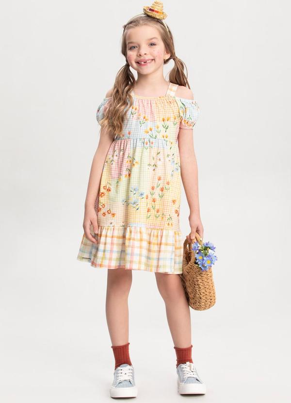 Alakazoo - Vestido Estampado Evasê com Babado Amarelo