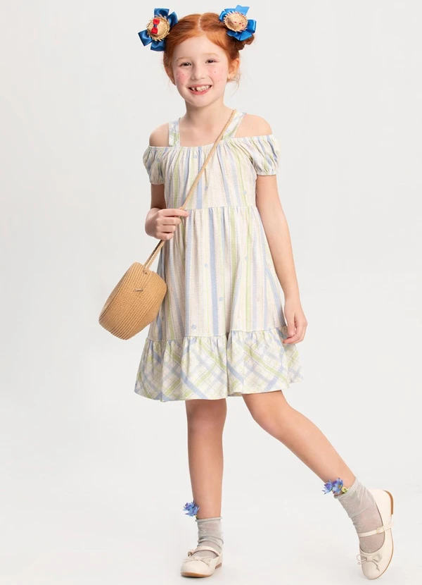 Alakazoo - Vestido Estampado Evasê com Babado na Barra Azul