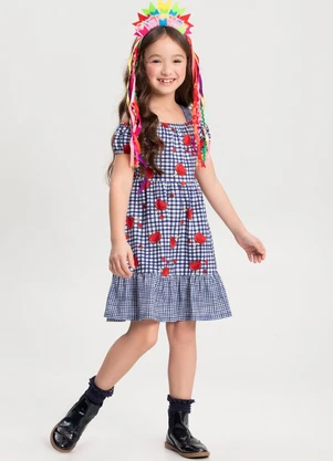 Alakazoo - Vestido Estampado Evasê com Babado na Barra Azul - ALAKAZOO