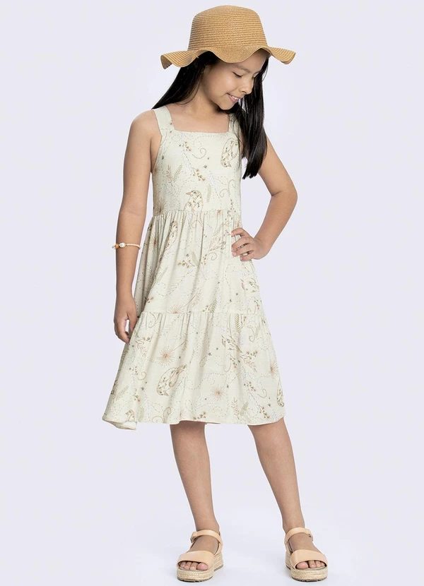 Alakazoo - Vestido Estampado Infantil com Laço Costas Bege