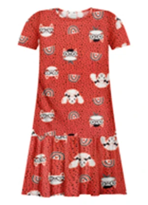 Alakazoo - Vestido Estampado Penteada de Algodão Vermelho - ALAKAZOO