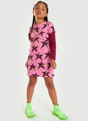 Lilica Ripilica - Vestido Estrelas Manga Curta Infantil Rosa - LILICA RIPILICA