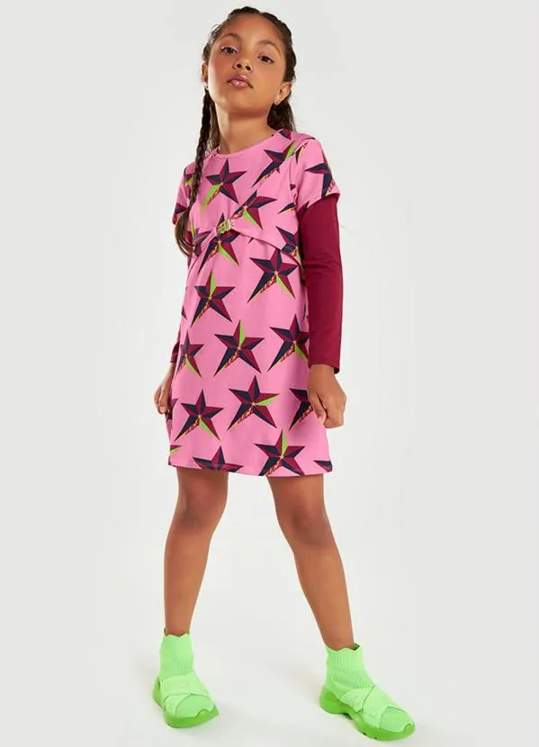 Lilica Ripilica - Vestido Estrelas Manga Curta Infantil Rosa