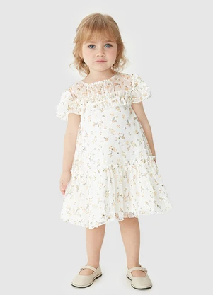 Carinhoso - Vestido Evasê em Tule Floral Off White - CARINHOSO