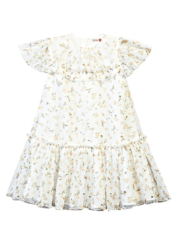 Carinhoso - Vestido Evasê em Tule Floral Off White 2