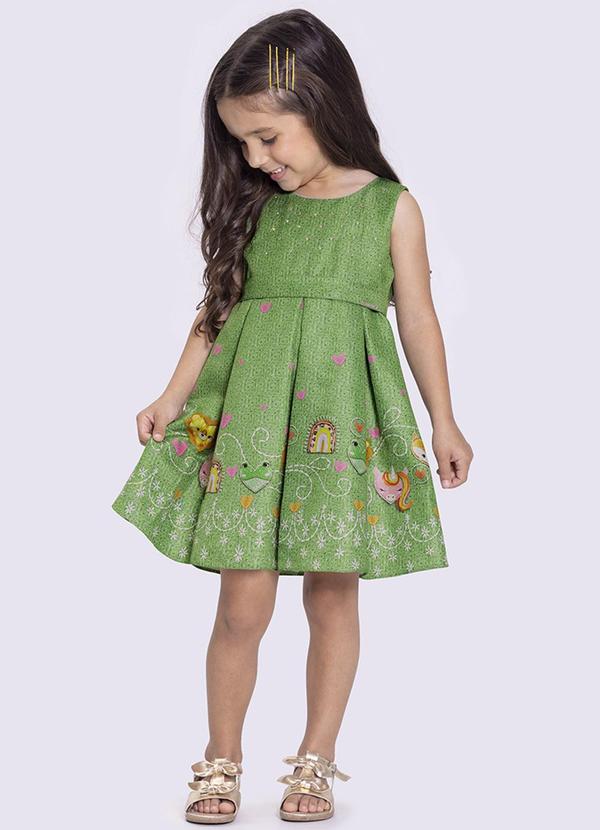 Alakazoo - Vestido Evasê Estampado com Strass Verde