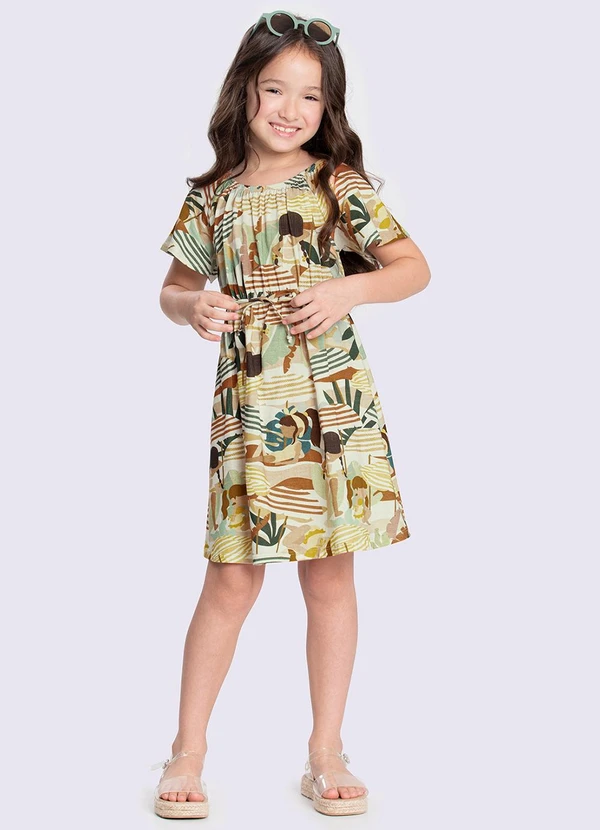 Alakazoo - Vestido Evasê Infantil Menina em Malha Bege