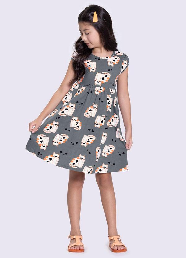 Alakazoo - Vestido Evasê Infantil Menina Gatos Cinza