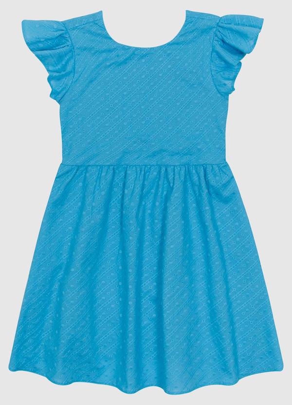 Carinhoso - Vestido Evasê Manga Babado em Laise Algodão Azul