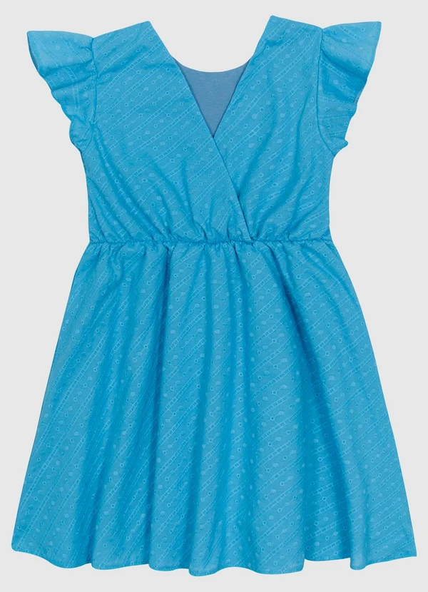 Carinhoso - Vestido Evasê Manga Babado em Laise Algodão Azul 2
