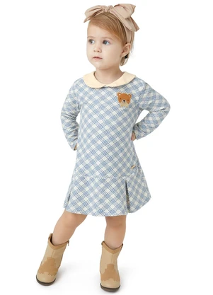 Carinhoso - Vestido Evasê Xadrez com Urso Azul - CARINHOSO