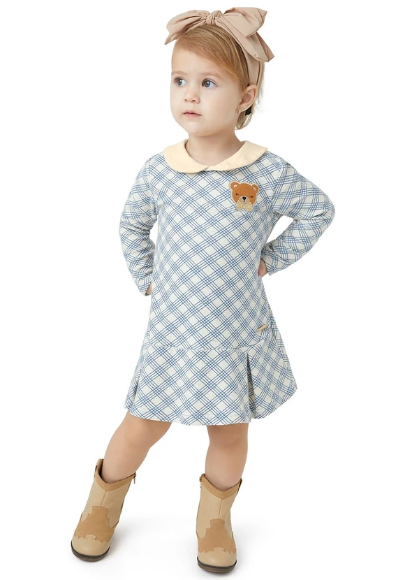 Carinhoso - Vestido Evasê Xadrez com Urso Azul