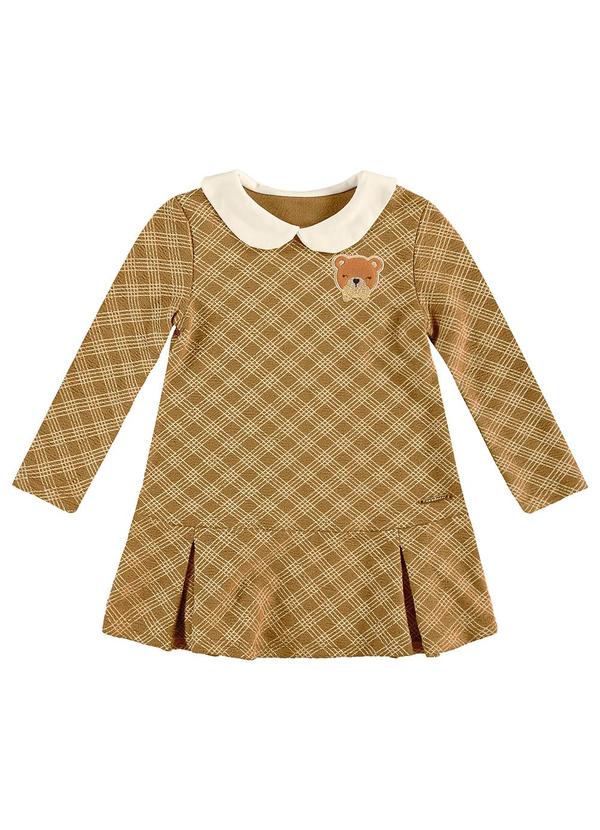 Carinhoso - Vestido Evasê Xadrez com Urso Marrom