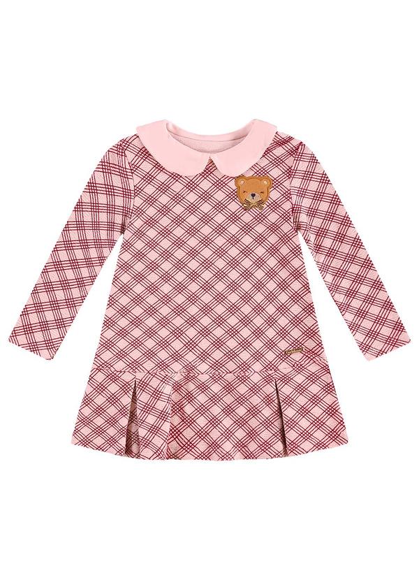 Carinhoso - Vestido Evasê Xadrez com Urso Rosa