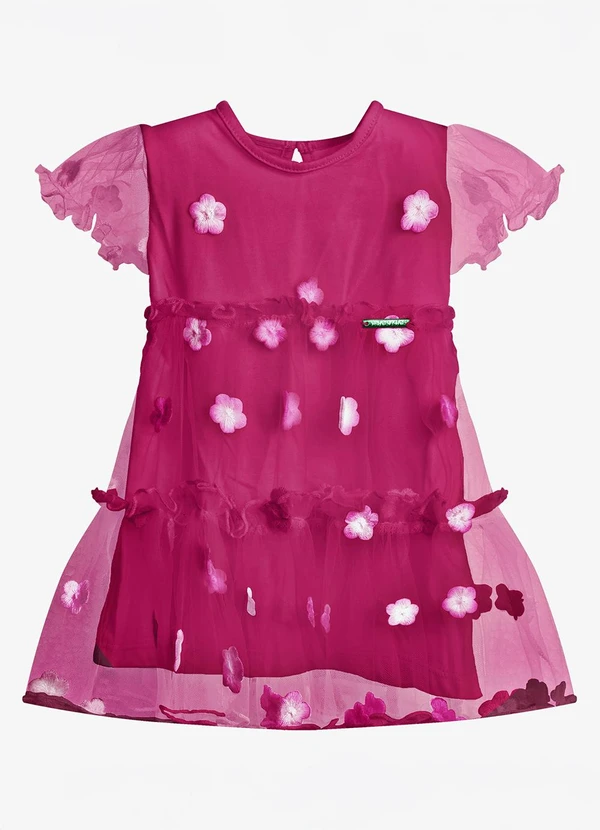 Trick Nick - Vestido Feminino Tule Bordado Floral Rosa