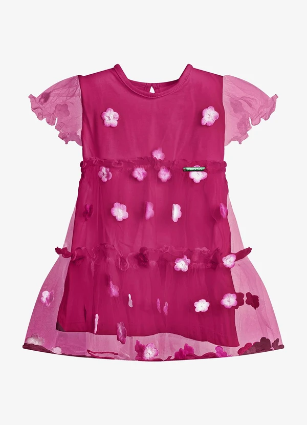Trick Nick - Vestido Feminino Tule Bordado Floral Rosa