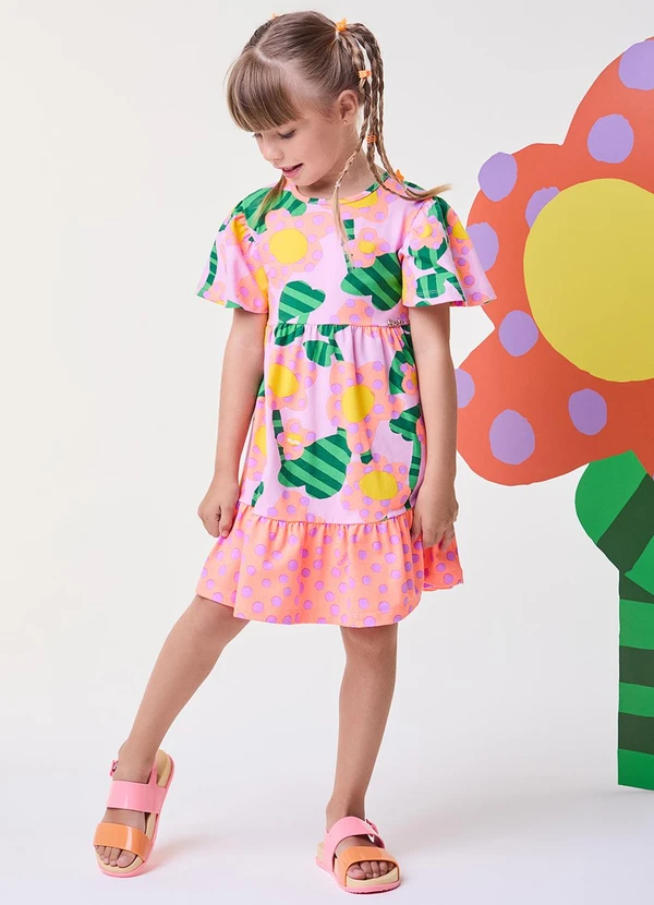 Bimbi - Vestido Floral com Poá Rosa
