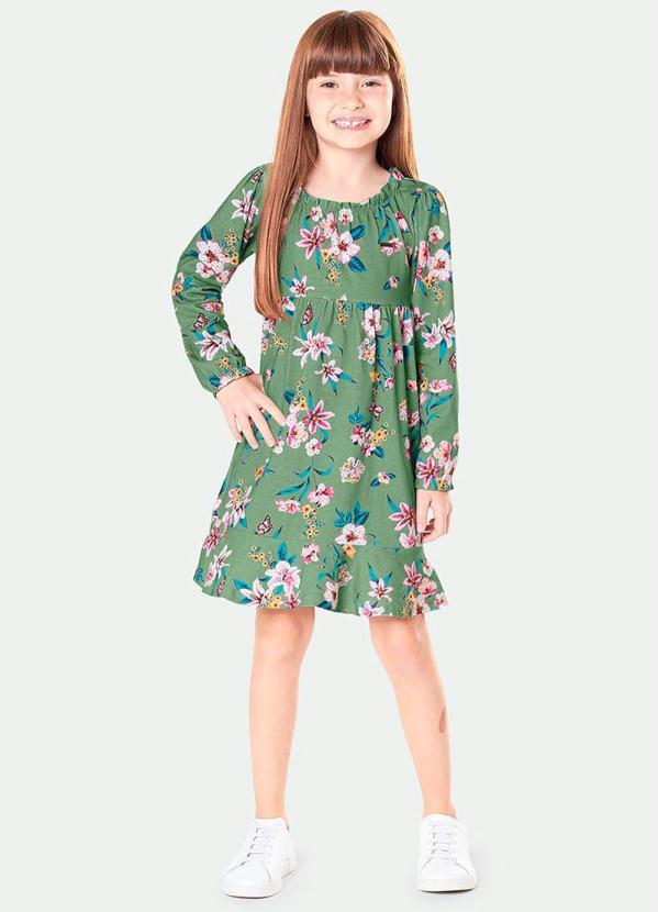 Marisol - Vestido Floral Manga Longa Malha Infantil Verde