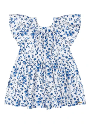 Quimby - Vestido Floral Tricoline Azul - QUIMBY