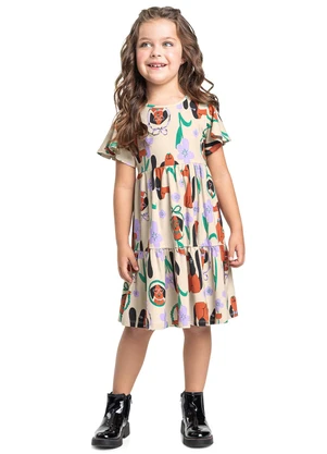 Bee Loop - Vestido Flores e Focinhos Infantil Bege - BEE LOOP