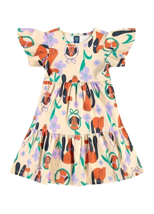 Bee Loop - Vestido Flores e Focinhos Infantil Bege - BEE LOOP