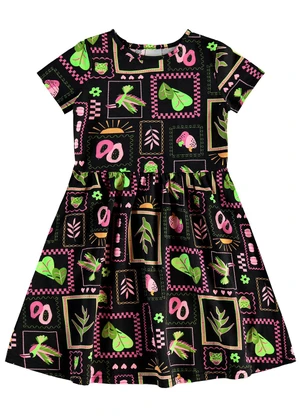 Malwee Kids - Vestido Godê Curto Tropical Preto - MALWEE KIDS