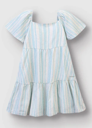 Carinhoso - Vestido Godê em Linho Listrado Azul Claro - CARINHOSO