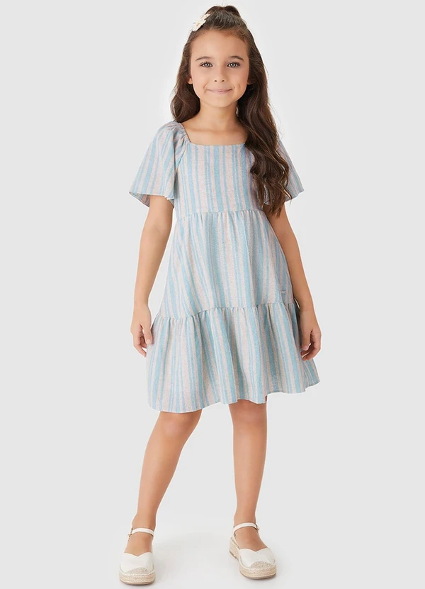 Carinhoso - Vestido Godê em Linho Listrado Azul Claro