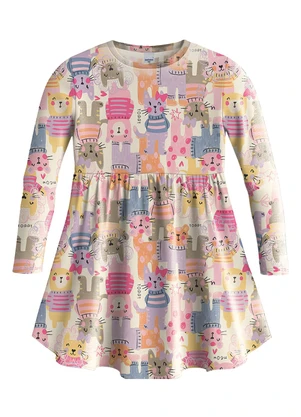 Malwee Kids - Vestido Godê Gatinhos em Cotton Off White - MALWEE KIDS