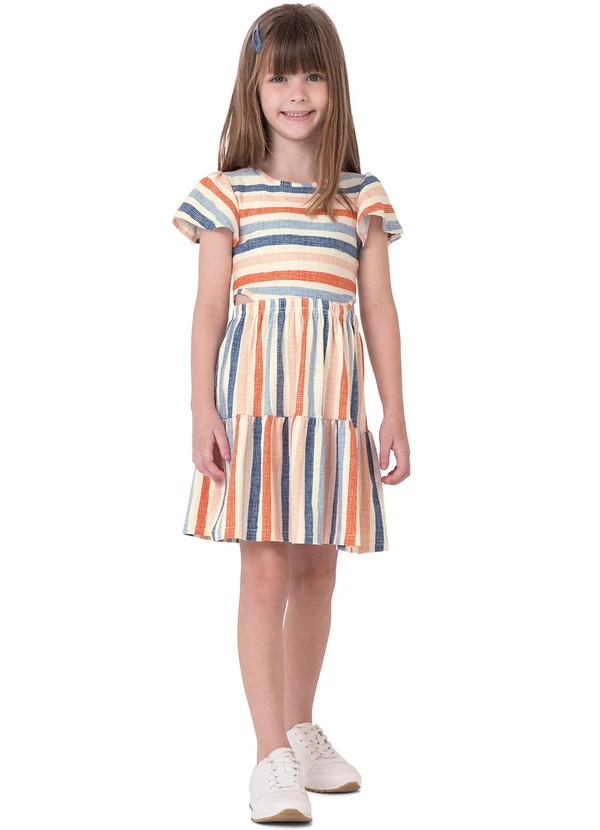 Malwee Kids - Vestido Godê Listrado em Cotton Laranja Claro